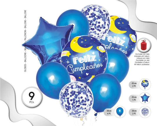 SET DE GLOBOS MYLAR Y LATÉX FELIZ CUMPLEAÑOS AZUL 9PCS xoco 3