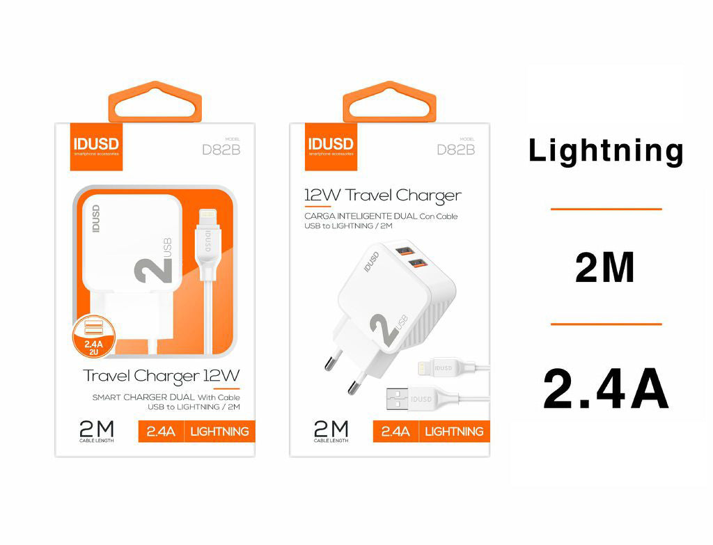 CARGADOR 2-USB 2.4A CON CABLE LIGHTNING 2M 12W