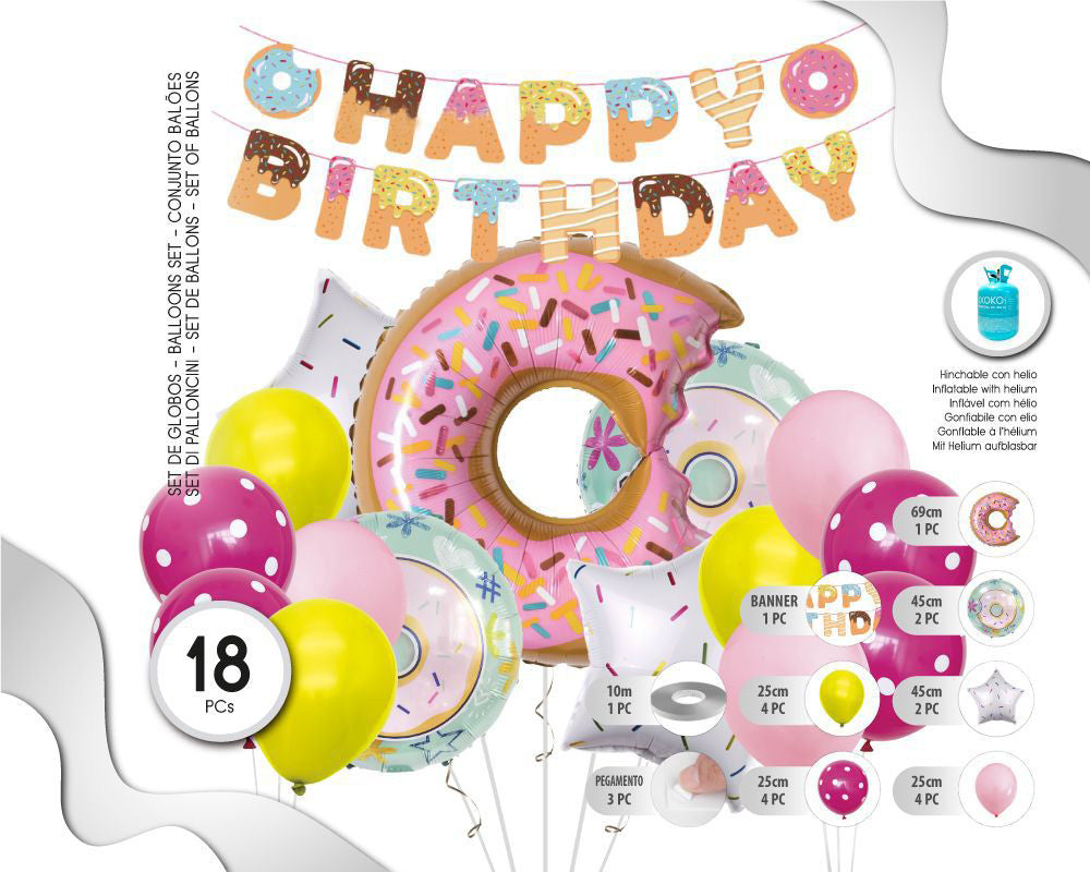 SET DE GLOBOS DONUT CON BANNER HAPPY BDAY 18PC