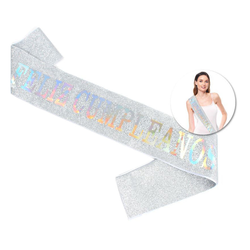 BANDA FELIZ CUMPLEAÑOS GLITTER PLATA LASER 160X9.5CM