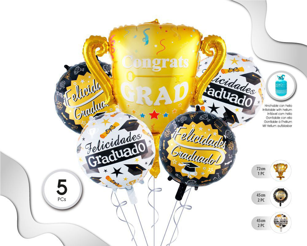 SET DE GLOBOS MYLAR GRADUACIÓN 5PC