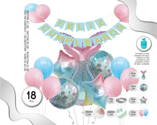 SET DE GLOBOS CON BANNER FELIZ CUMPLEAÑOS MERMSID 18PC XOCO