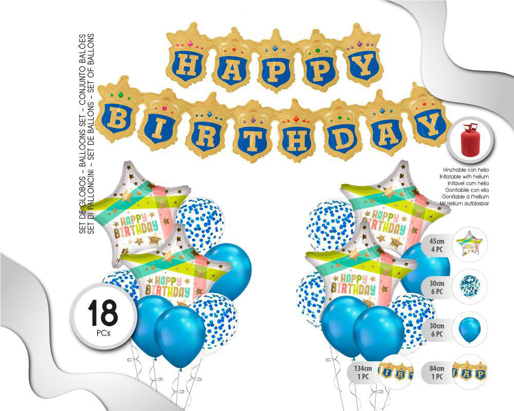 SET DE GLOBOS CON BANNER HAPPY BDAY ORO Y AZUL 18PC