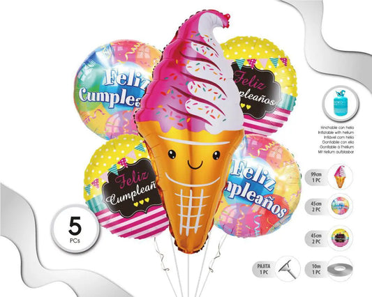 SET DE GLOBOS MYLAR  HAPPY BDAY HELADO 5PC XOCO 1