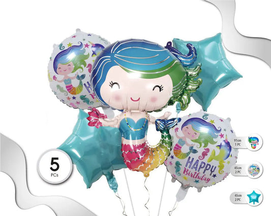 SET DE GLOBOS MYLAR MERMAID 5PC XOCO 1