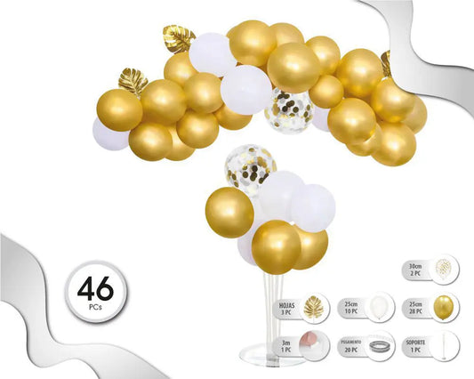 SET DE GLOBOS ORO Y BLANCO CON SOPORTE 46PC XOCO