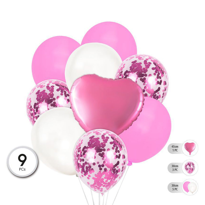 SET DE GLOBOS MYLAR Y LATÉX CORAZON ROSA 9PCS