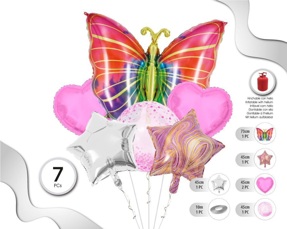 SET DE GLOBOS MYLAR MARIPOSA COLORINES ESTRELLA Y CORAZON 6PC