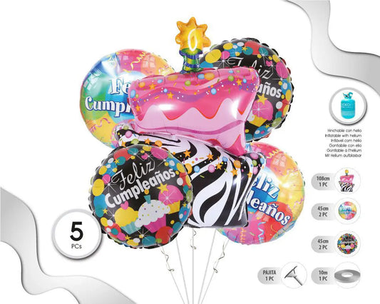 SET DE GLOBOS MYLAR  HAPPY BDAY CAKE 5PC XOCO 1