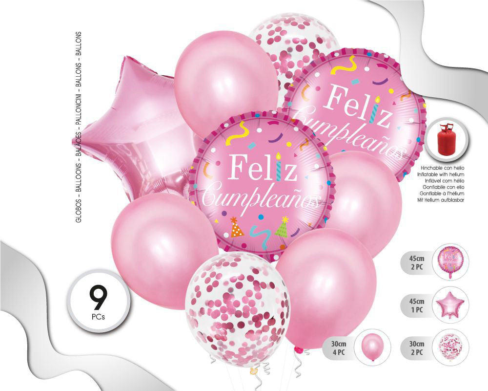 SET DE GLOBOS MYLAR Y LATÉX FELIZ CUMPLEAÑOS ROSA 9PCS