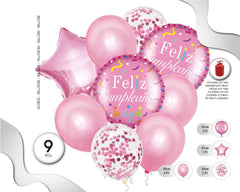 SET DE GLOBOS MYLAR Y LATÉX FELIZ CUMPLEAÑOS ROSA 9PCS