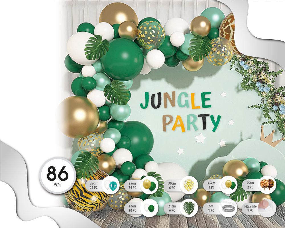 SET DE GLOBOS JUNGE VERDE DORADO Y BLANCO 86PS