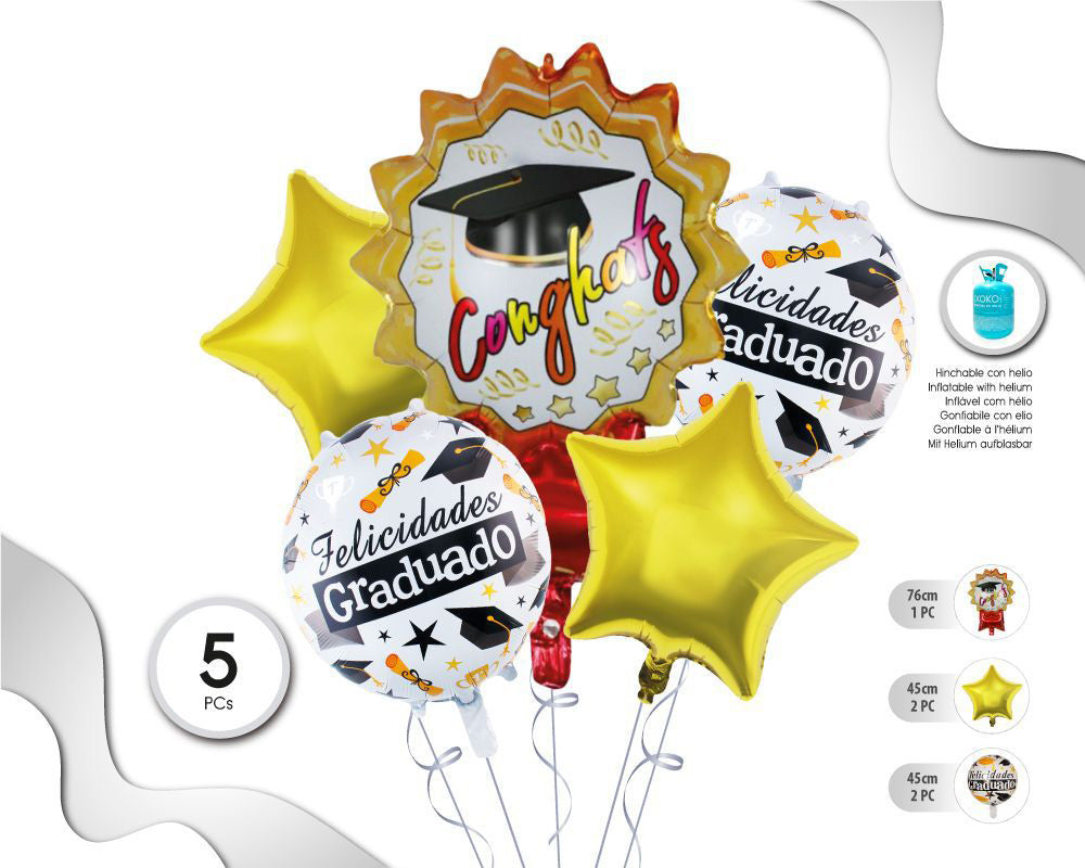 SET DE GLOBOS MYLAR GRADUACIÓN 5PC