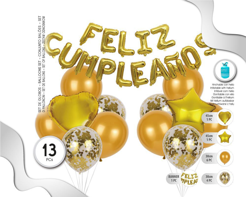 SET DE GLOBOS CON LÉTRAS FELIZ CUMPLEAÑOS ORO 13PC