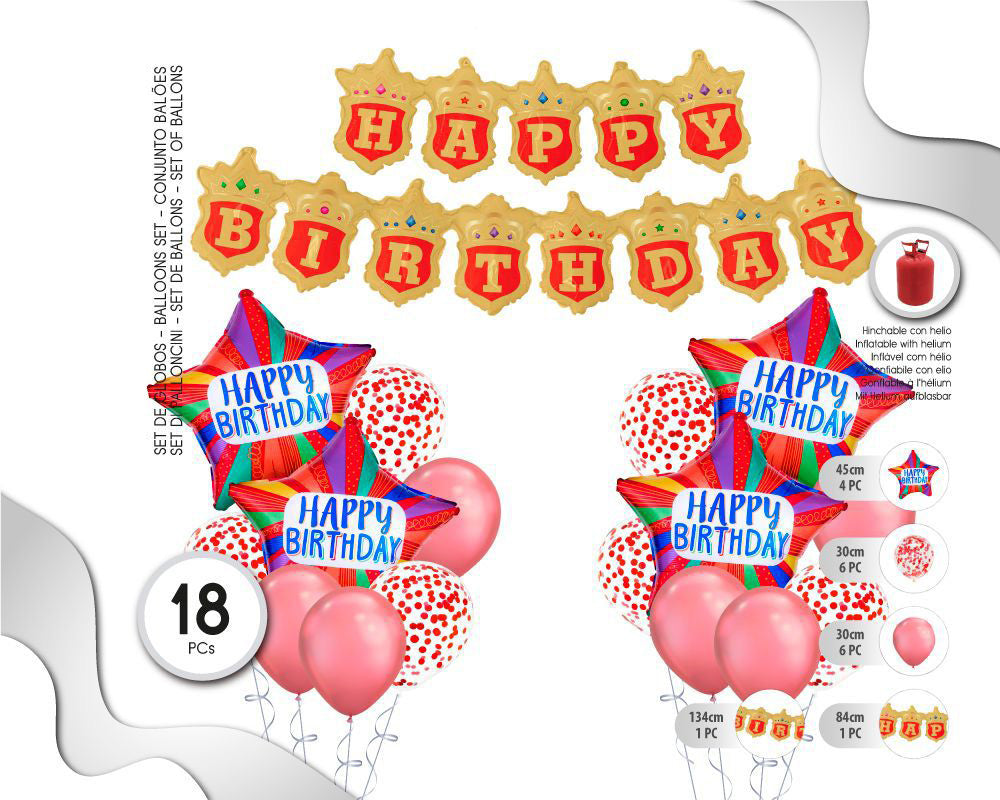 SET DE GLOBOS CON BANNER HAPPY BDAY ORO Y ROJO 18PC