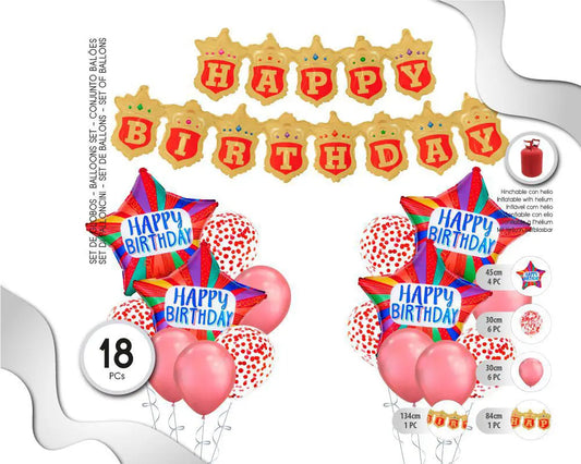 SET DE GLOBOS CON BANNER HAPPY BDAY ORO Y ROJO 18PC XOCO