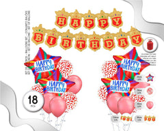 SET DE GLOBOS CON BANNER HAPPY BDAY ORO Y ROJO 18PC