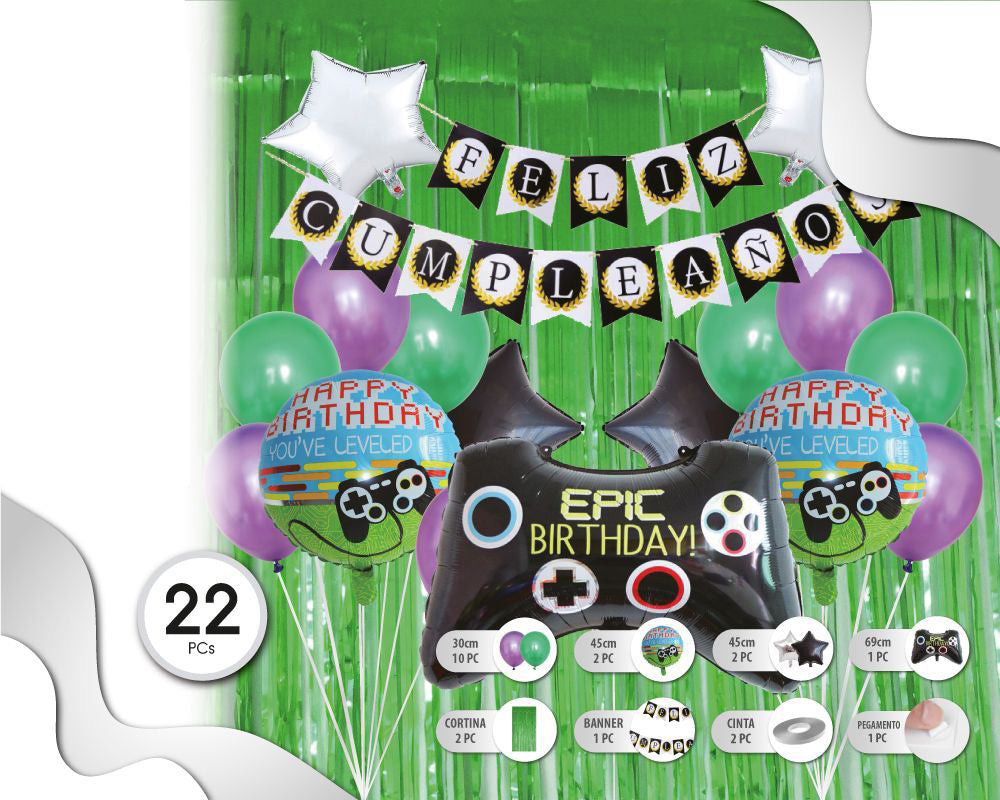 SET DE GLOBOS VIDIOGAMES CON BANNER FELIZ CUMPLEAÑOS Y CORTINA FLECOS VERDE 22PC