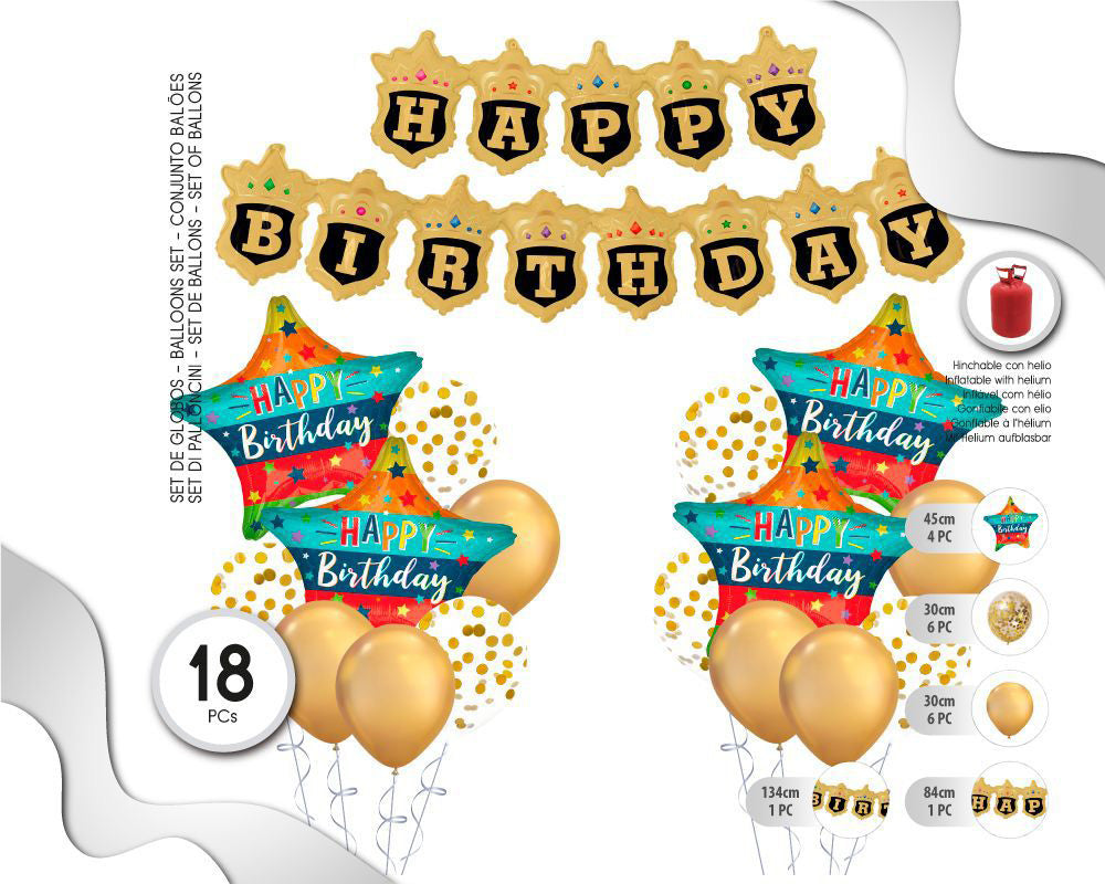 SET DE GLOBOS CON BANNER HAPPY BDAY ORO Y NEGRO 18PC