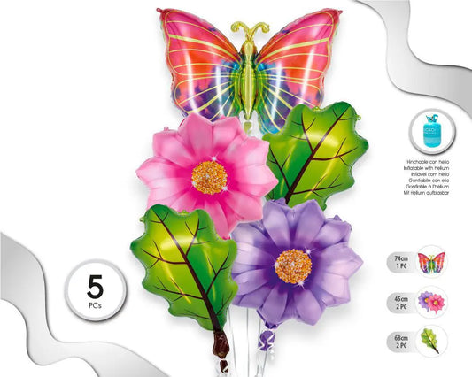 SET DE GLOBOS MYLAR MARIPOSA Y FLOR 5PC XOCO 1