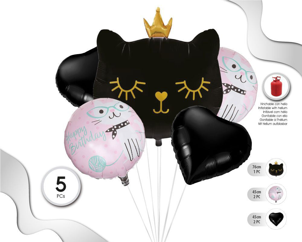 SET DE GLOBOS MYLAR CAT HAPPY BDAY 5PC