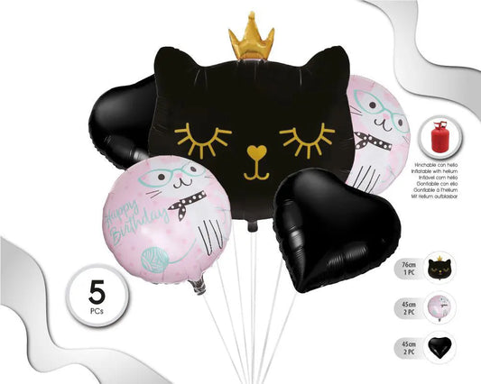 SET DE GLOBOS MYLAR CAT HAPPY BDAY 5PC XOCO 1