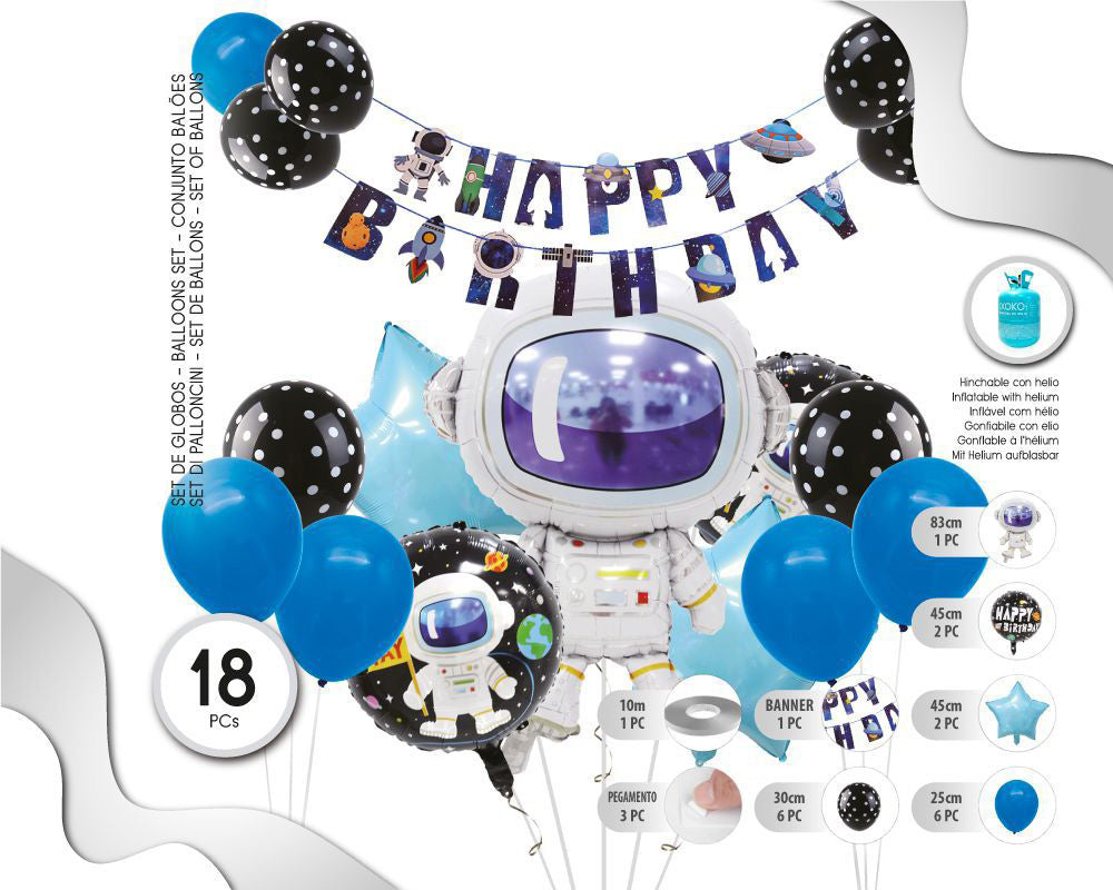 SET DE GLOBOS SPACE CON BANNER HAPPY BDAY 18PC