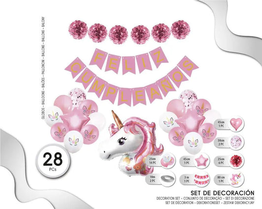 SET DE GLOBOS UNICORNIO CON BANNER FELIZ CUMPLEAÑOS ROSA 18PC XOCO