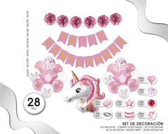 SET DE GLOBOS UNICORNIO CON BANNER FELIZ CUMPLEAÑOS ROSA 18PC