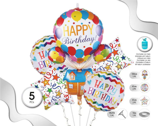 SET DE GLOBOS MYLAR  HAPPY BDAY CASA GLOBO 5PC XOCO 1