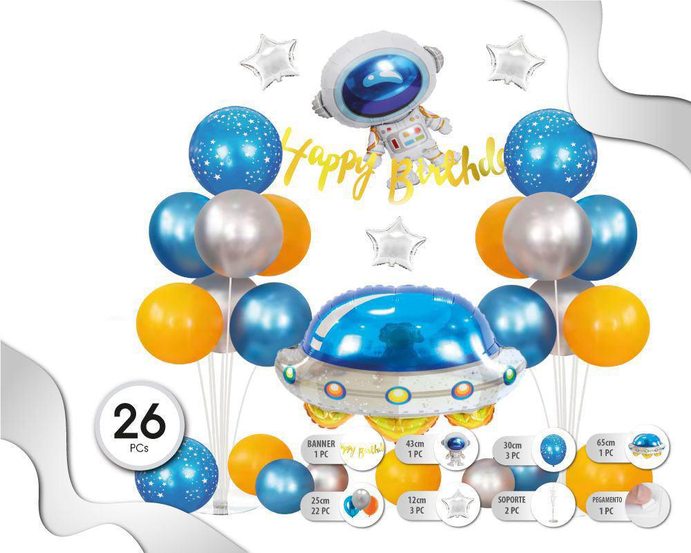 SET DE GLOBOS ESPACIAL BANNER HAPPY BDAY CON SOPORTE 26PC