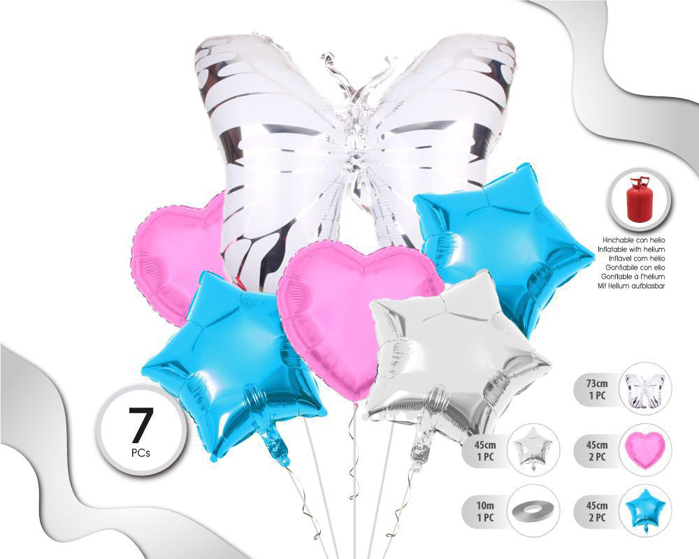 SET DE GLOBOS MYLAR MARIPOSA ESTRELLA Y CORAZON 6PC