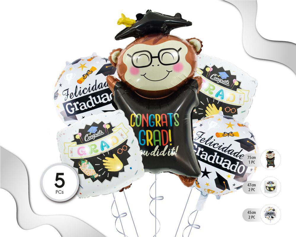 SET DE GLOBOS MYLAR MONO GRADUACIÓN 5PC