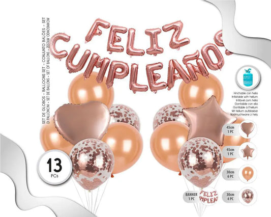 SET DE GLOBOS CON LÉTRAS FELIZ CUMPLEAÑOS ORO ROSA 13PC XOCO