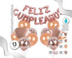 SET DE GLOBOS CON LÉTRAS FELIZ CUMPLEAÑOS ORO ROSA 13PC