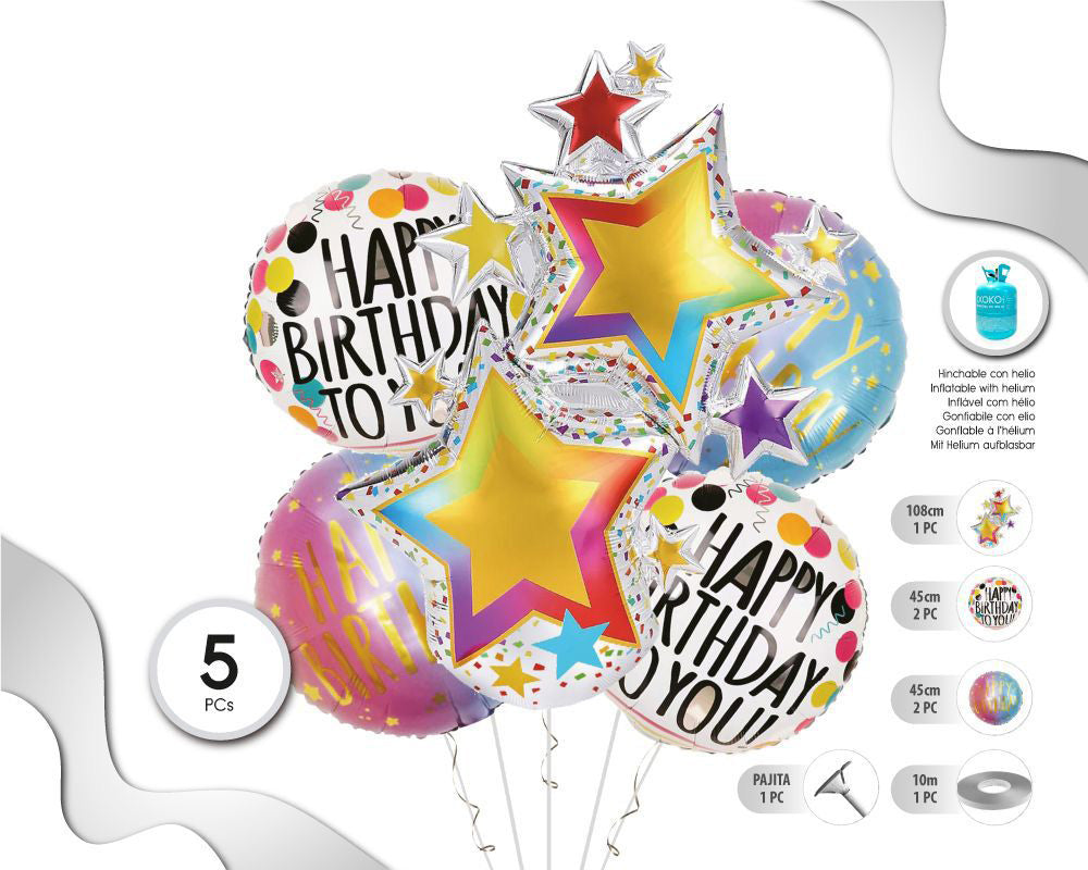 SET DE GLOBOS MYLAR  HAPPY BDAY ESTRELLA 5PC