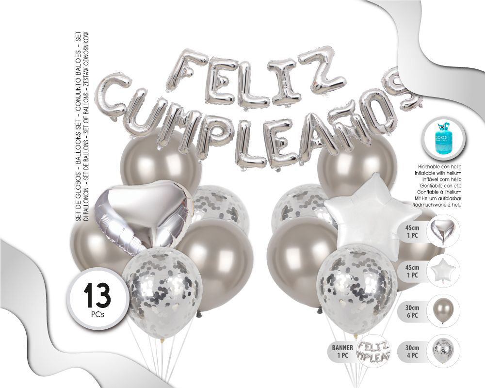 SET DE GLOBOS CON LÉTRAS FELIZ CUMPLEAÑOS PLATA 13PC