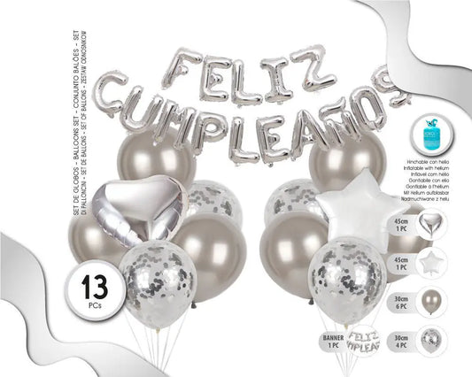 SET DE GLOBOS CON LÉTRAS FELIZ CUMPLEAÑOS PLATA 13PC XOCO