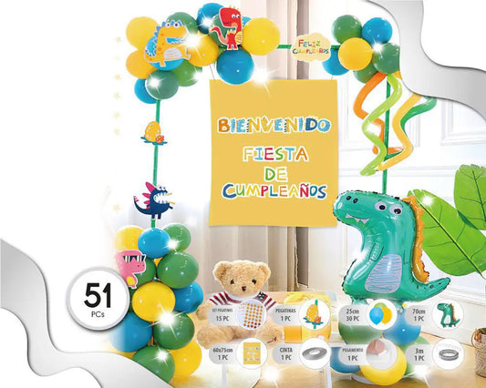 SET DE GLOBOS DINOSAURIO CON BANNER BIENVENIDO FIESTA DE CUMPLEAÑOS VERDE AZUL Y AMARILLO 51PC XOCO