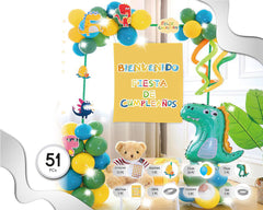 SET DE GLOBOS DINOSAURIO CON BANNER BIENVENIDO FIESTA DE CUMPLEAÑOS VERDE AZUL Y AMARILLO 51PC