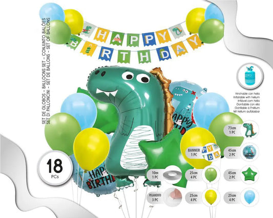 SET DE GLOBOS DINOSAURIO CON BANNER HAPPY BDAY 18PC XOCO