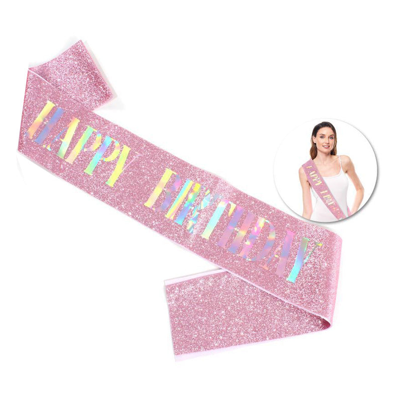 BANDA HAPPY BIRTHDAY GLITTER ROSA LASER 160X9.5CM