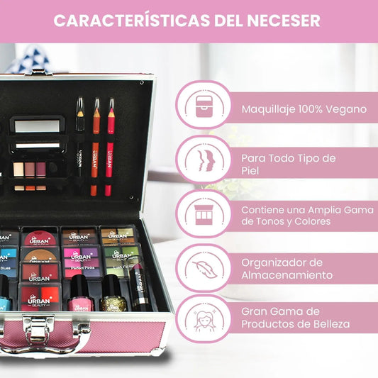 LOVE URBAN BEAUTY Vegano Neceser De Maquillaje Hot Pink De 82 Piezas Para Adolescentes Y Mujeres Adultas Con Sombras, Colorete, Pintalabios Y Productos Para Uñas