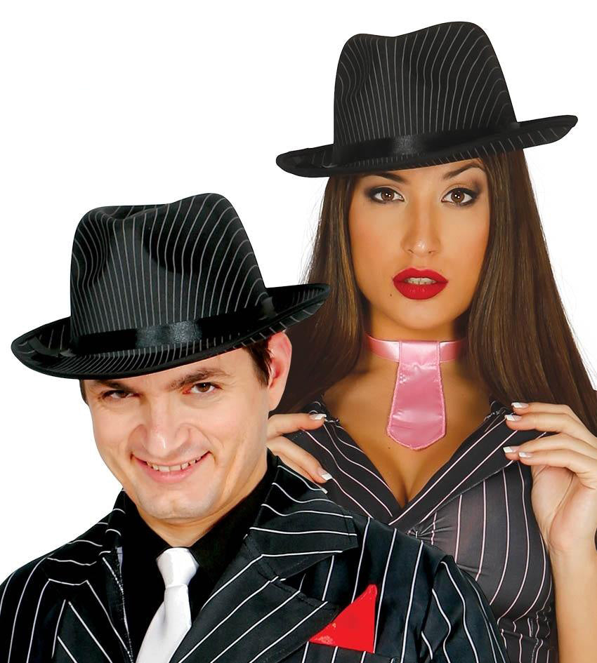 SOMBRERO GANGSTER RAYAS NEGRO CON CINTA NEGRA