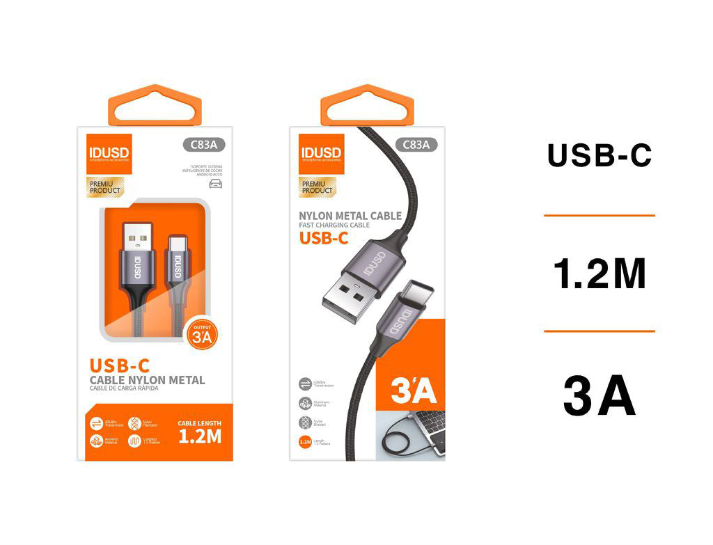 Cable Nylon USB-Type C 1.2M 3A