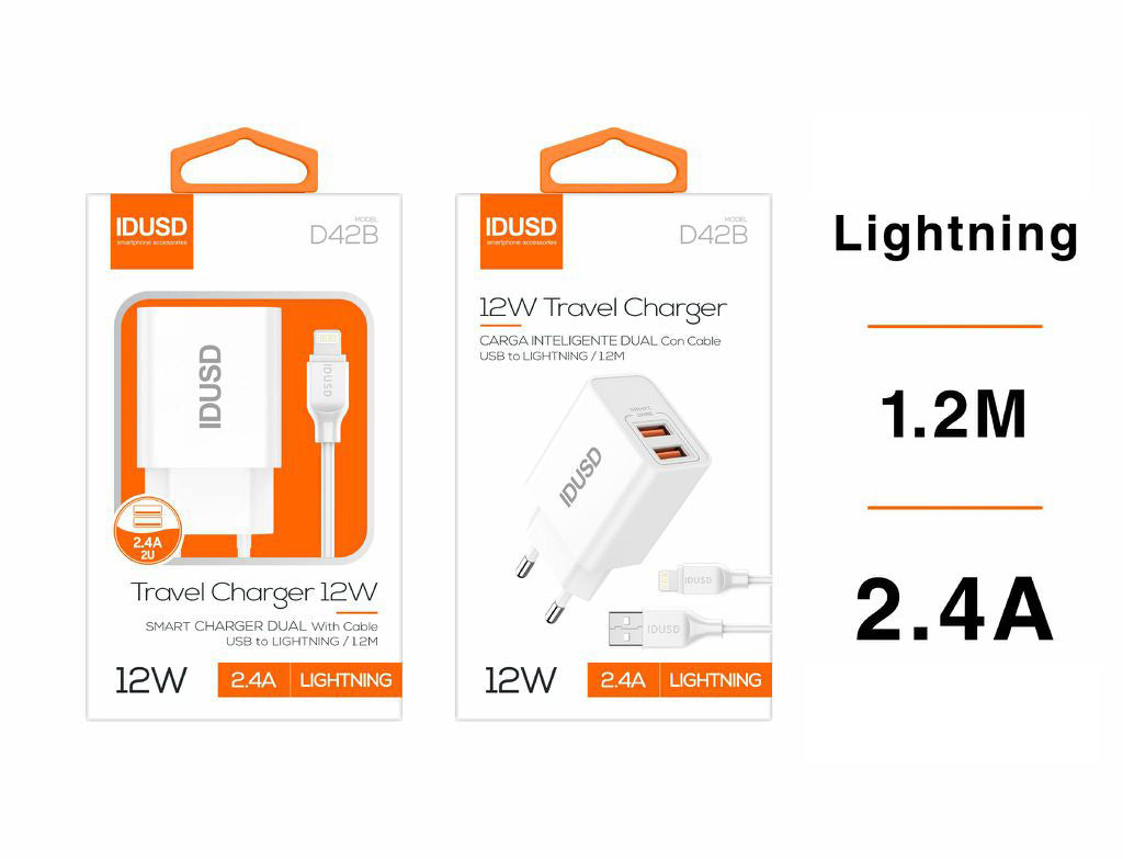 CARGADOR 2-USB 2.4A CON CABLE LIGHTNING 1.2M