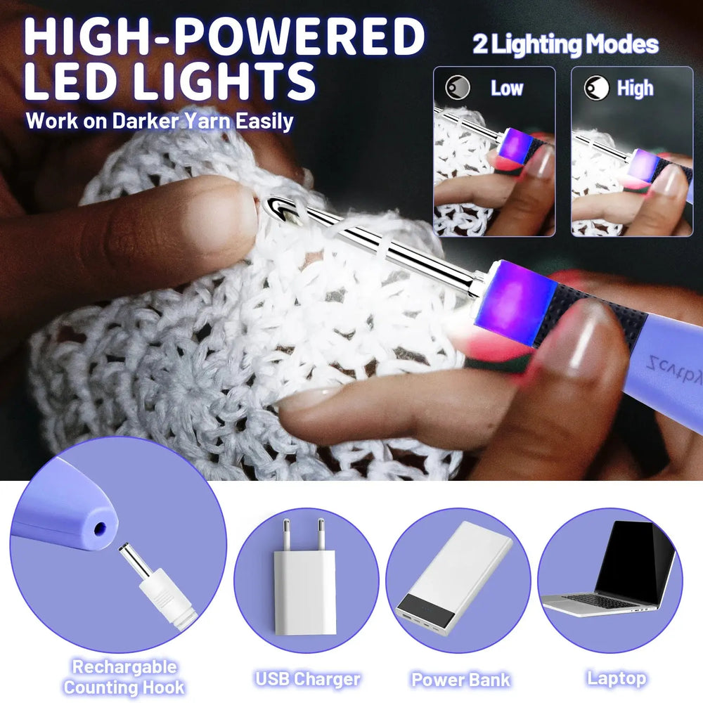 Juego de 12 agujas de crochet iluminadas con contador BlissMarket