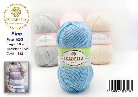 Ovillo Hilo Fino Isabella en color azul claro, peso 100g y largo 350m, ideal para crochet, bordado y costura. Fondo con ovillos en tonos pastel.