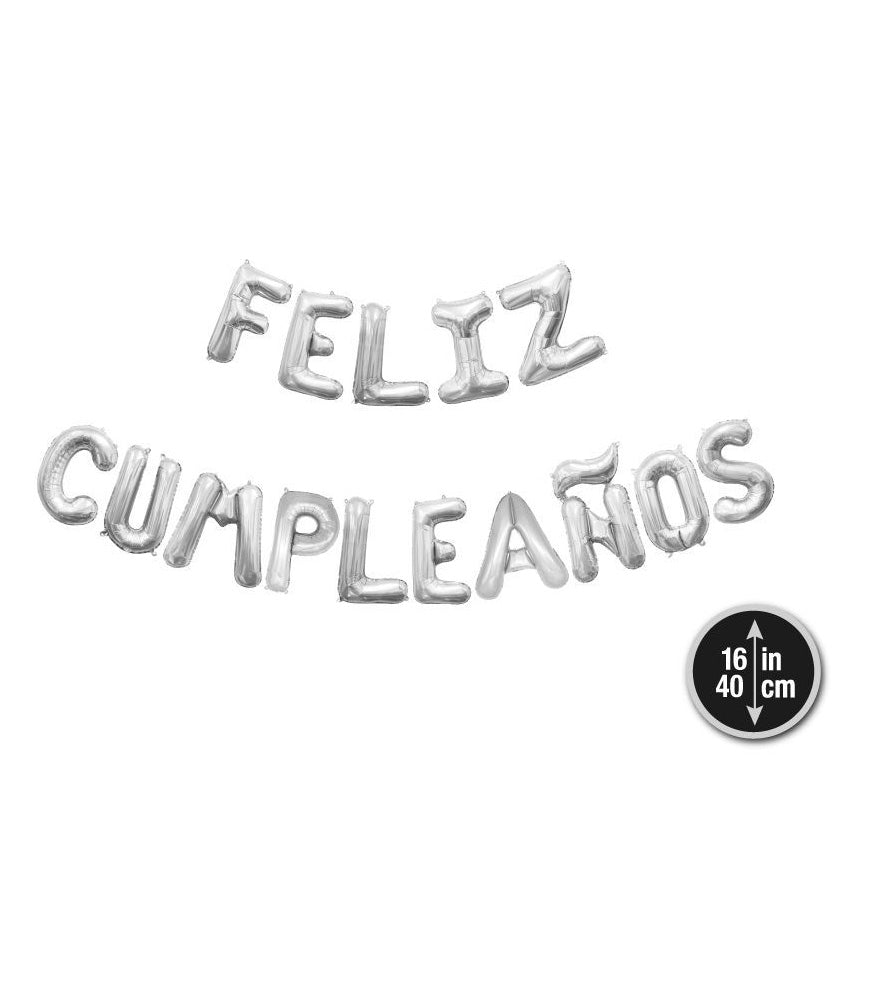 GLOBOS FORMA FELIZ CUMPLEAÑOS PLATA