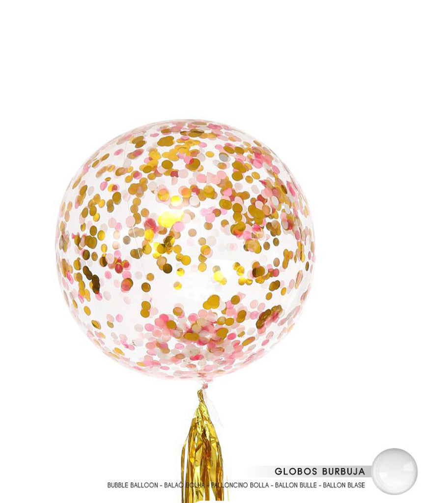 GLOBO BURBUJA CONFETTI ROSA/ORO